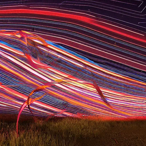 Prompt: twisted ribbons of beautiful fabric unravel in strong winds across a dark night sky, unreal engine