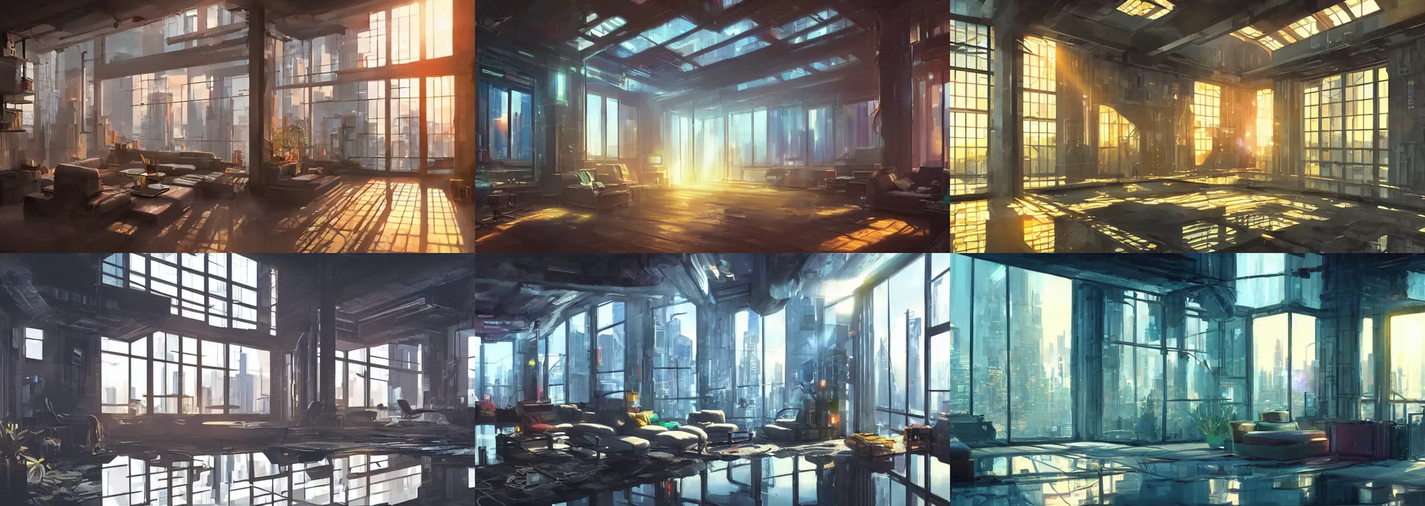 Prompt: picture of an interior loft, luxury, interior design, tall windows, reflections, cyberpunk city, first light, sunshafts, volumetric lights, colorful, concept art, art station, by dan luvisi