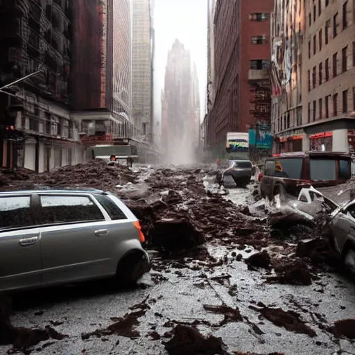 Prompt: tsunami of liquid chocolate on new york, post apocalyptic, cinematic