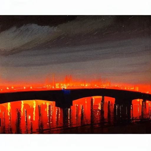 Prompt: nighttime view of the Phoenix Hong Bridge lit up, in the style of Isaac Levitan, Savrasov, arkhip kuindzhi, T Allen Lawson and Ian Fisher and sidney richard percy