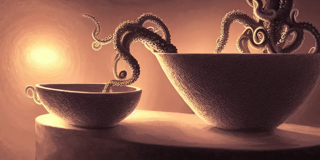 Prompt: toilet bowl with tentacles, digital artstation painting 8k intricate dramatic light