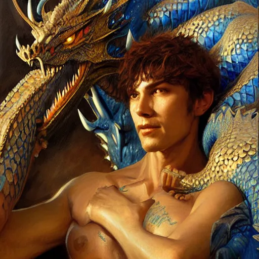 Prompt: a portrait of an anthromorphic blue dragon. highly detailed painting by gaston bussiere, craig mullins, j. c. leyendecker, furry