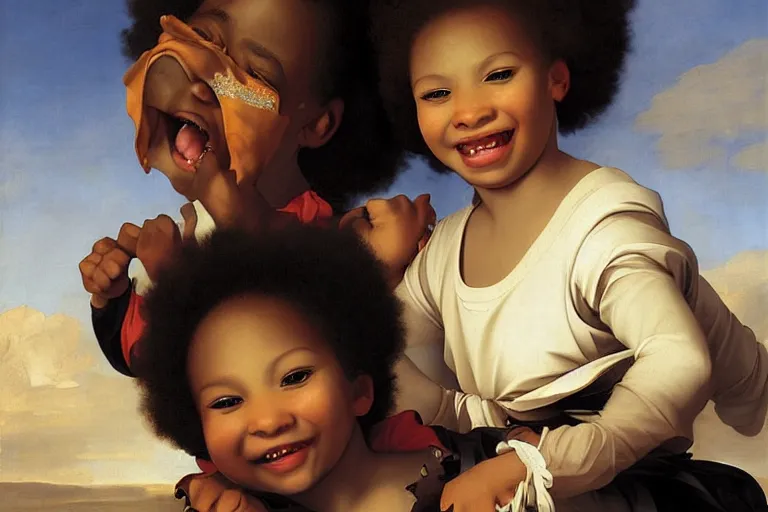 Prompt: carefree black children playing smiling and laughing, digital renaissance painting by artgerm by caravaggio and face by wlop