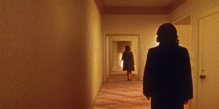 Prompt: photorealistic ultra wide cinematography of danny and wendy torrance from stanley kubrick's 1 9 8 0 film the shining, walking inside and navigating through the hedge labyrinth outside overlook hotel shot on 3 5 mm eastman 5 2 4 7 film by the shining cinematographer john alcott shot on a wide kinoptik tegea 9. 8 mm lens. with golden ratio composition