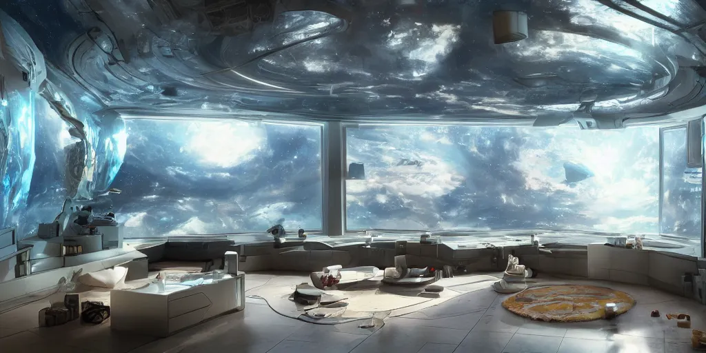 Prompt: artstation scifi scene of a safe like ikea ad, bathroom furniture, room ceiling sky mural, holographic glitchart walls, windows, large terrarium, paneled walls, unreal engine 5, hyper realism, realistic shading, cinematic composition, blender rendering, octane rendering, hdr, detailed textures, photorealistic, wide shot