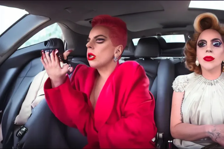 Image similar to lady gaga and judy garland in carpool karaoke, lady gaga, judy garland, red weapon 8 k s 3 5, cooke anamorphic / i lenses, highly detailed, cinematic lighting