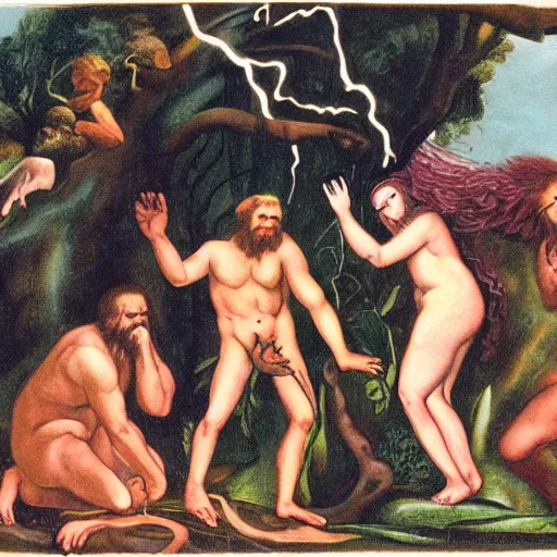 Image similar to God angry in the Garden of Eden. Eve and Adam look guilty