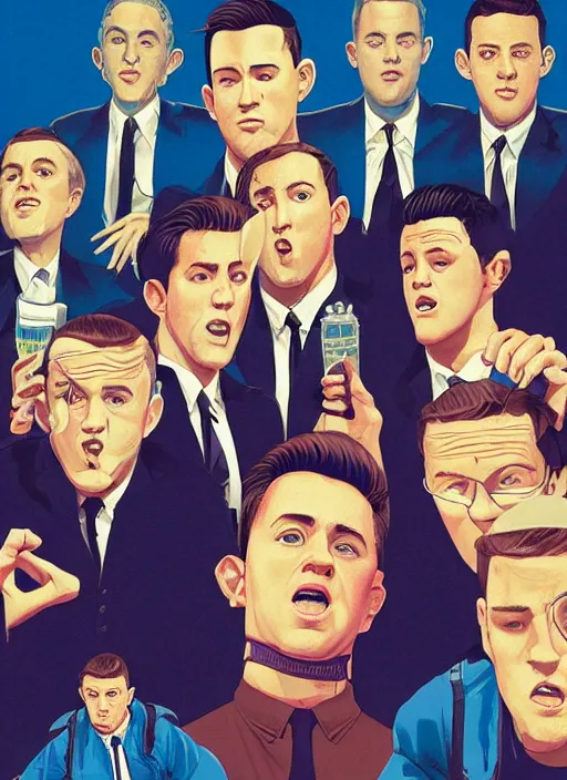 Prompt: artwork by Michael Whelan, Bob Larkin and Tomer Hanuka, of portrait of Justin Beber, Eminem, Channing Tatum and Joseph Gordon-Levitt in a barbershop quartet, from scene from Twin Peaks, simple illustration, domestic, nostalgic, from scene from Twin Peaks, clean