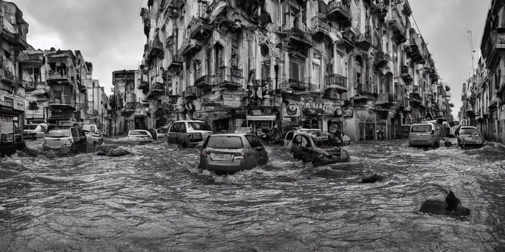 Image similar to post - apocalyptic depiction of the city of catania during flooding conditions by yoshitaka amano, wide angle camera