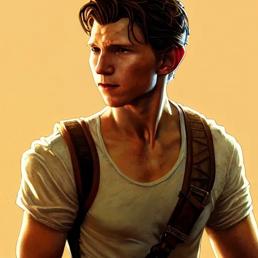 Image similar to Tom Holland as Nathan Drake, western, D&D, fantasy, intricate, elegant, highly detailed, digital painting, artstation, concept art, matte, sharp focus, illustration, art by Artgerm and Greg Rutkowski and Alphonse Mucha