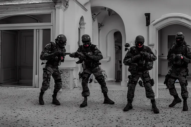 Image similar to Mercenary Special Forces soldiers in grey uniforms with black armored vest and black helmets fighting inside a mansion in 2022, Canon EOS R3, f/1.4, ISO 200, 1/160s, 8K, RAW, unedited, symmetrical balance, in-frame, combat photography