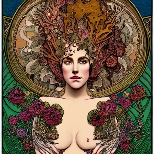 Image similar to a beautiful detailed front view portrait of a rotten woman corpse with fractal plants and fractal flowers and mushrooms growing around, symmetrical, ornate, ornamentation, illustration, in the style of art nouveau, mucha