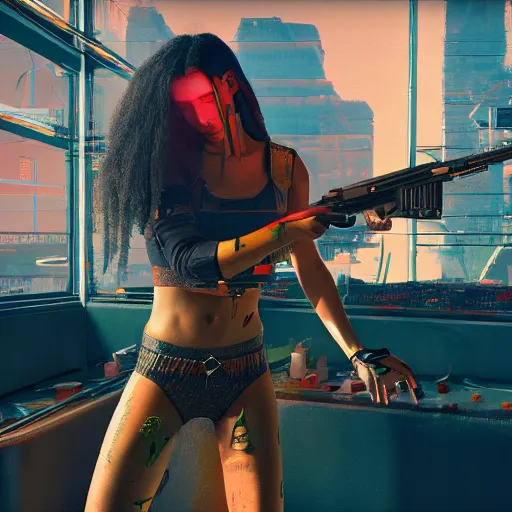 Image similar to Jesus in Cyberpunk 2077 with a pistol, concept art, unreal engine, 4k render, global illumination, blender, cycles, featured on artstation, pixiv