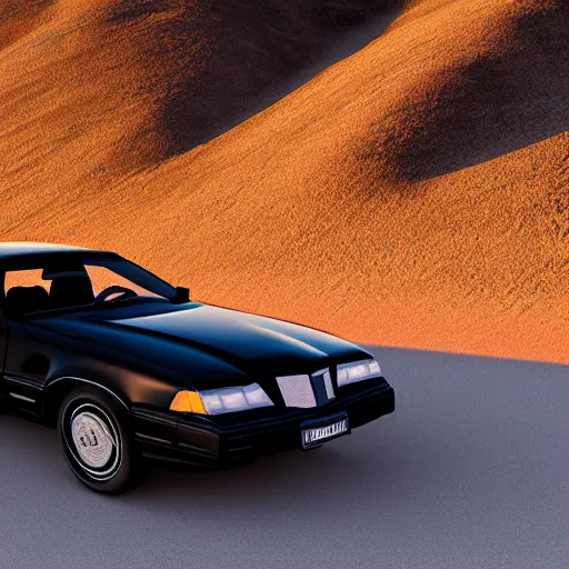 Image similar to a black 1990 Thunderbird super coupe driving on a desert highway viewed from the rear at sunset, photorealistic