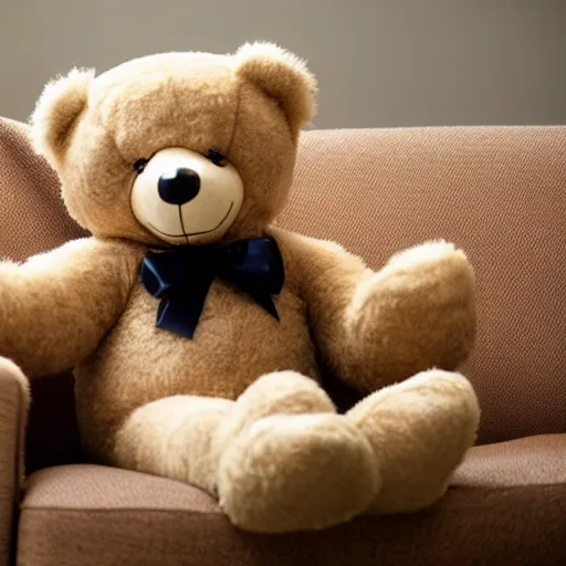 Image similar to a teddy bear with very! very long!!!! legs on a formal couch, 4 k photo