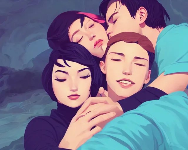 Prompt: painting of 3 young people cuddling, romantic, group hug, highly detailed, close - up, smooth, stylized, vector line art, clean cel shaded vector art, by lois van baarle, ross tron, artgerm, helen huang, makoto shinkai, ilya kuvshinov, rossdraws