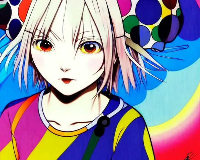 Image similar to takashi murakami, ilya kuvshinov illustration colorful anime portrait of reol, murata range, blue submarine no 6, manga, fine detail, perfect anime face, dramatic lighting, dynamic composition, moody, vivid, alphonse mucha, fine stippled lighting, grain, art deco, cel shading, yoshinari yoh, last exile