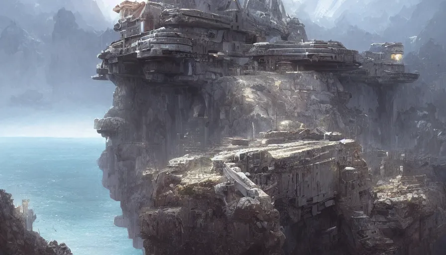 Image similar to imperial base on a cliff overlooking a magnificient bay, by james gurney, greg rutkowski, drawing architecture, brutalist, highly detailed digital art, artstation, greig fraser