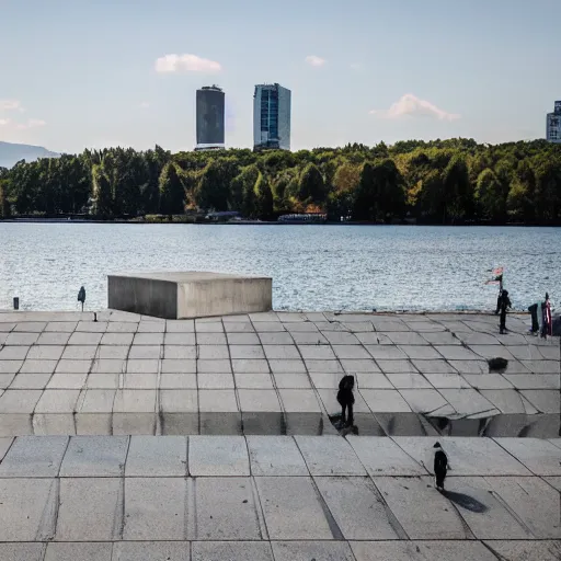 Image similar to a modern memorial built with apparent concrete ,hope and peace to the people. the building stands in the lakeside in a sunny day and reflected in water. humans walk and play in the place.