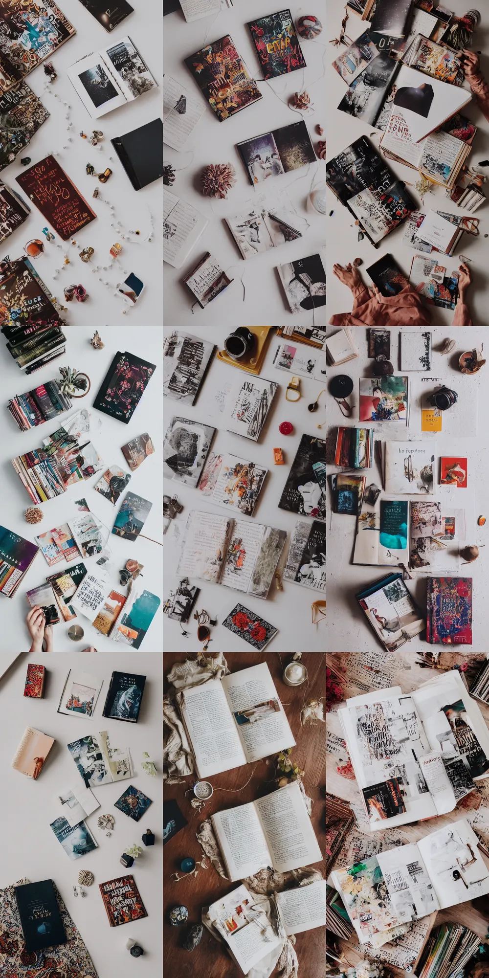 Prompt: flatlay book collection, vivid colors, dramatic lighting, minimalist and clean, white glass beads