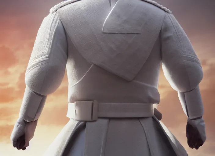 Image similar to proud general wearing a white imperial general uniform, hist arms are behind his back, ultra realistic, 4 k, movie still, uhd, sharp, detailed, cinematic, render, modern