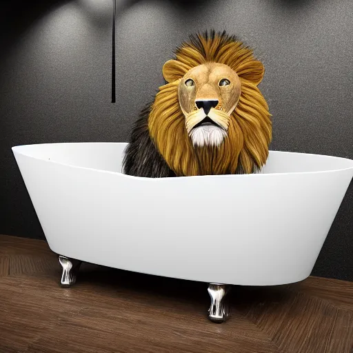 Prompt: lion, in a bathtub, singing, photorealistic, detailed fur, surgical lighting, rendered
