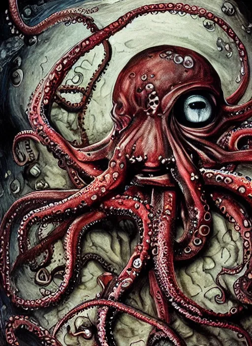 Prompt: Octopus ripping out dirty man's eye socket, octopus is violently exiting from the human skull, horror photography, 4k quality, highly detailed features, by Junji Ito, painted on bloody metal canvas