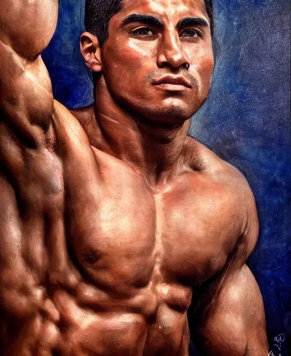 Image similar to heroic portrait of a handsome young mexican bodybuilder, art by denys tsiperko and bogdan rezunenko, hyperrealism