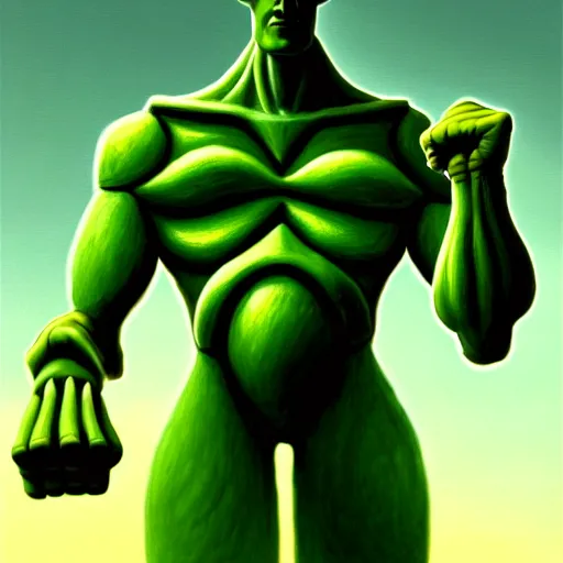 Prompt: a picture of a green giant humanoid with his fist up with futuristic brown suit with helmet, background ancient alien landscape, low angle, trending on deviantart, fantasy, intricate, highly detailed, lifelike, photorealistic, digital painting, artstation, illustration, concept art, smooth, sharp focus, artwork by frank frazetta