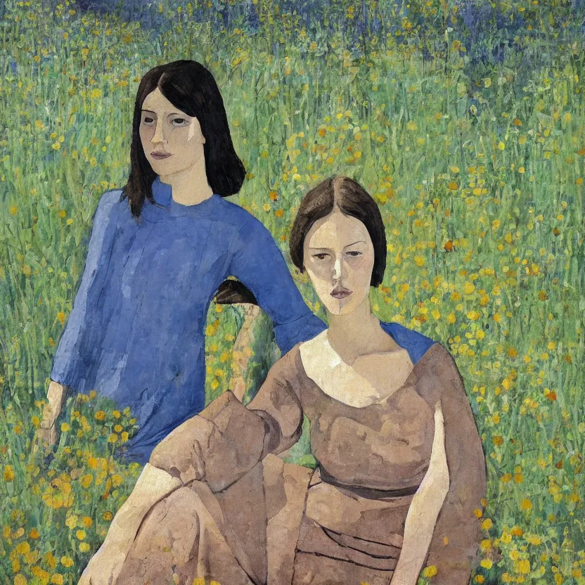 Image similar to a painted portrait of a women outdoors, art by felice casorati, aesthetically pleasing and harmonious natural colors, expressionism, fine day, mid shot portrait