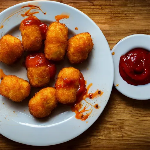 Image similar to food photo of channing tatum's face as tater tot on a plate with ketchup