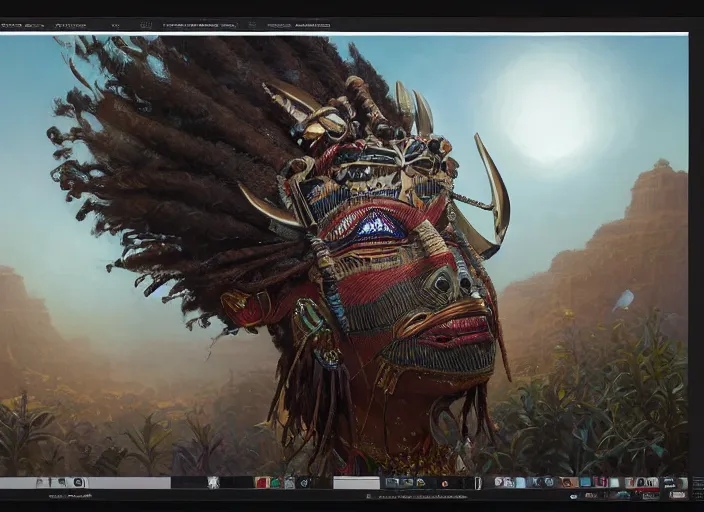 Prompt: highly detailed digital painitng of tribal afrikan voodoo kemetic mask, stephen bliss, unreal engine, fantasy art by greg rutkowski, loish, rhads, ferdinand knab, makoto shinkai and lois van baarle, ilya kuvshinov, rossdraws, tom bagshaw, global illumination, radiant light, detailed and intricate environment