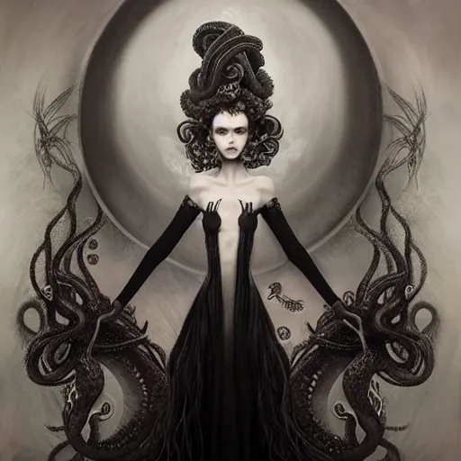 Image similar to By Tom Bagshaw, ultra realist soft painting of a curiosities carnival spikes flowers and tentacles by night, very beautiful dark eyed female dollpunk in full long dress, symmetry accurate features, very intricate details, omnious sky, black and white, volumetric light clouds