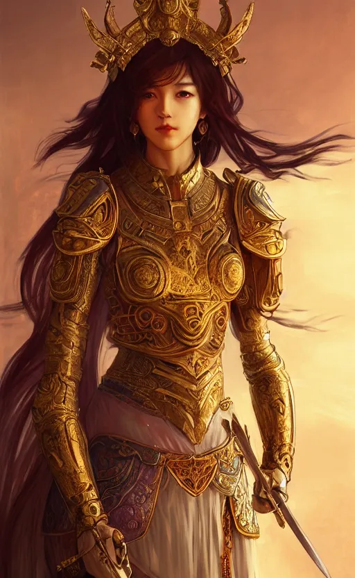 Prompt: portrait sword knights of zodiac girl, golden and copper shining armor, bushido, in ruined agora of athens sunrise, ssci - fi and fantasy, intricate and very very beautiful and elegant, highly detailed, digital painting, artstation, concept art, smooth and sharp focus, illustration, art by tian zi and wlop and alphonse mucha