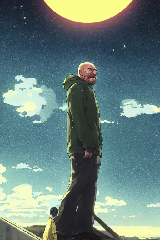 Image similar to walter white enjoying the view of a vast glimmering night sky, high intricate details, rule of thirds, golden ratio, cinematic light, 8 k, octane render, anime style, graphic novel by fiona staples and dustin nguyen, art by beaststars and orange, peter elson, alan bean, studio ghibli, makoto shinkai