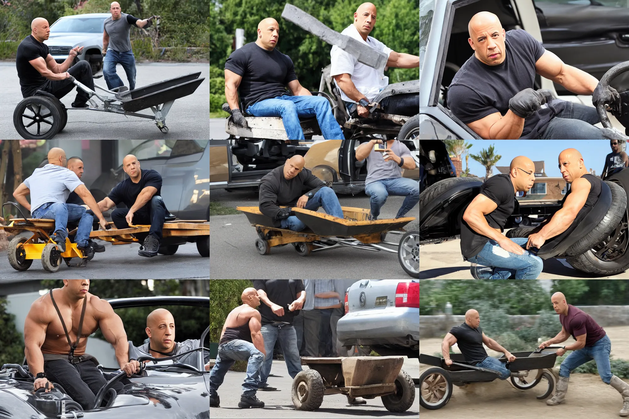 Prompt: Vin Diesel driving a wheelbarrow