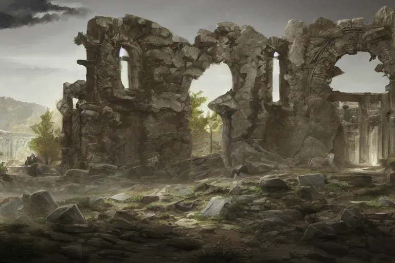 Prompt: Ruins of granite and aluminum, game art matte paiting