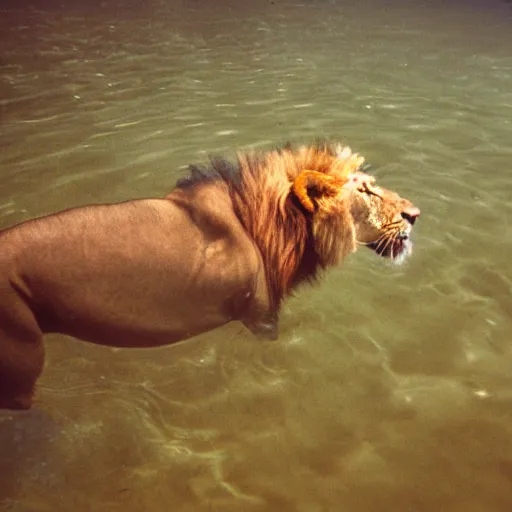 Prompt: photo of lion swimming in river, underwater, cinestill, 8 0 0 t, 3 5 mm, full - hd