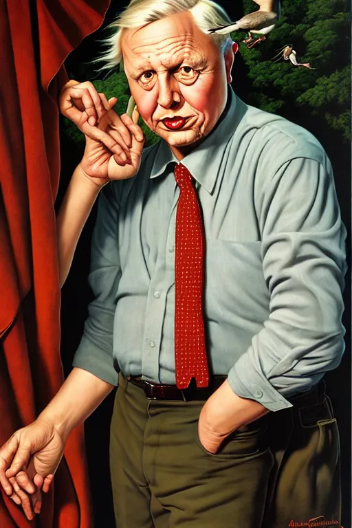 Image similar to david attenborough by gil elvgren and norman rockwell and rob gonsalves and hajime sorayama, hyperrealistic, high detail, ultra detailed, highly detailed face, ruffled fabric