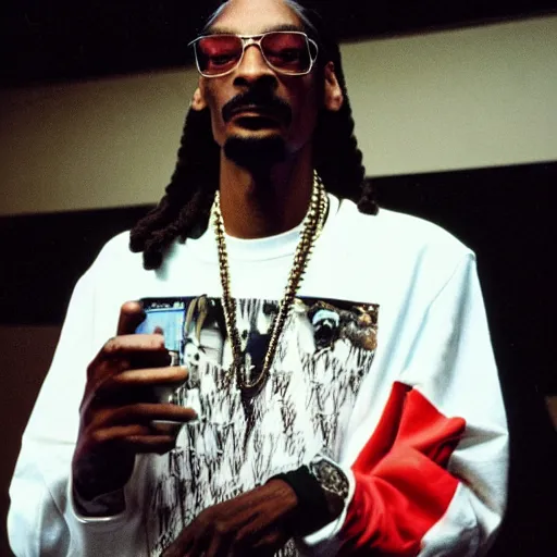 Image similar to 90's photo of snoop Dogg looking annoyed by the photographer