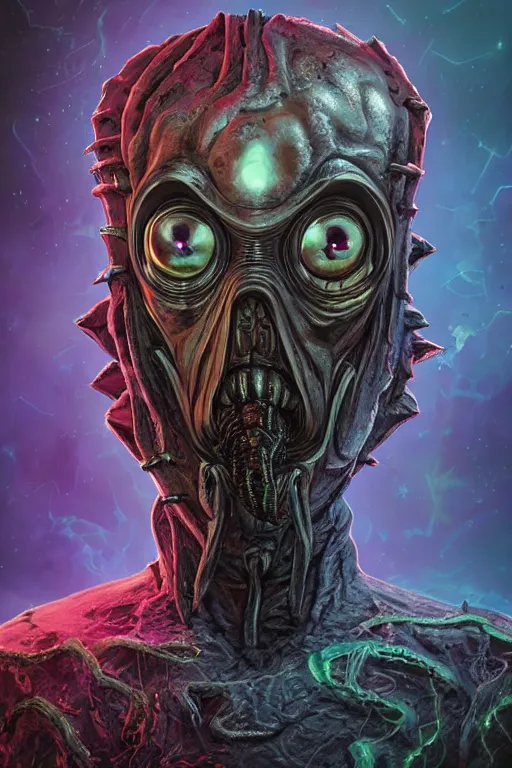 Image similar to rick and morty fused with lovecraft and vader helmet and predator, realistic portrait, high details, intricate details, by vincent di fate, artgerm julie bell beeple, 90s, Smooth gradients, octane render, 8k, volumetric lightning, photo, High contrast, depth of field, very coherent symmetrical artwork