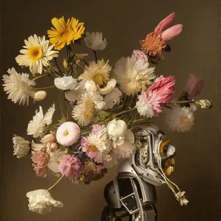 Prompt: still life painting of a beautiful bouquet of flowers coming out of a bipedal robot head by pieter claesz, oil on canvas, strong lighting, highly detailed, hyper realism, golden hour, god rays, hd, 4 k