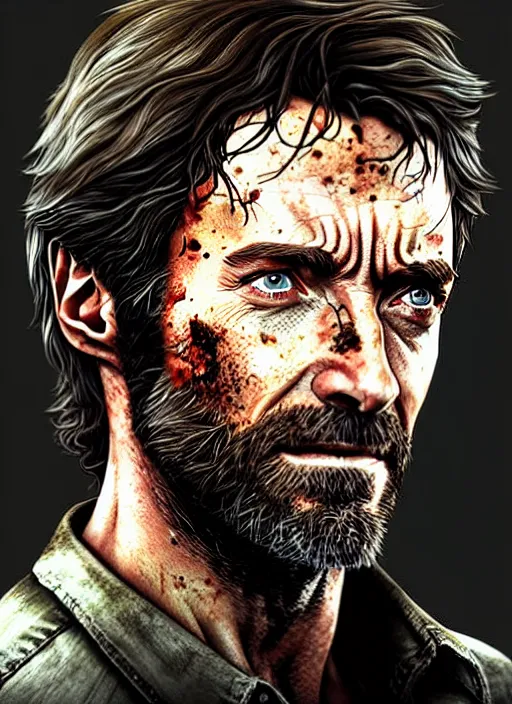 Prompt: portrait of hugh jackman as joel from the last of us, character concept art, hyperrealistic, detailed, accurate illustration, dramatic lighting