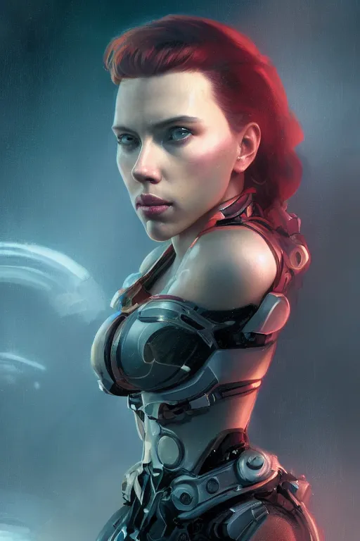 Image similar to a fancy portrait of a Scarlett Johansson cyborg by Greg Rutkowski, Sung Choi, Mitchell Mohrhauser, Maciej Kuciara, Johnson Ting, Maxim Verehin, Peter Konig, final fantasy , mythical, 8k photorealistic, cinematic lighting, HD, high details, atmospheric,