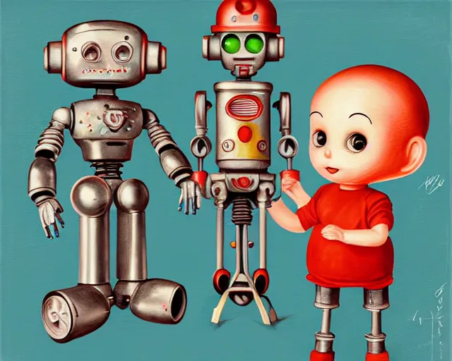 Image similar to closeup profile portrait of a 1 9 5 0 s tin toy robot factory, nicoletta ceccoli, mark ryden, lostfish, max fleischer, hyper realistic, artstation, illustration, digital paint, matte paint, vivid colors, bright, cheerful, detailed and intricate environment