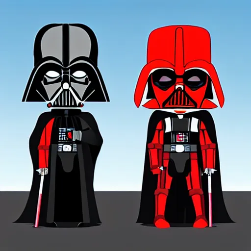 Image similar to darth maul and darth vader standing proudly shoulder to shoulder cartoon