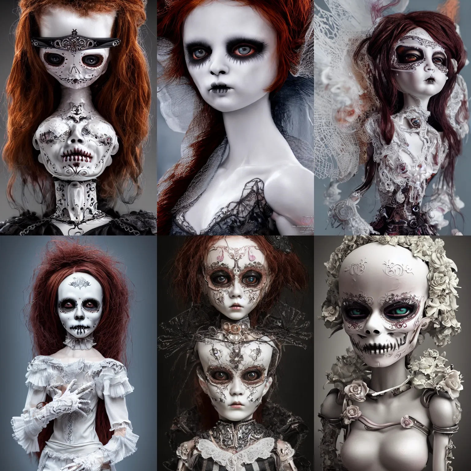 Prompt: ultra realist and ultra intricate detailed soft painting of a porcelain muerte doll with cyber pincers arms, thin lustrous long auburn hair, symmetry features, sensual gloomy style, volumetric clouds, cinematic, 8k resolution, photorealistic, digital painting, dark atmosphere, artstation, concept art, sharp focus, fantasy background, artstation trending, octane render, unreal engine