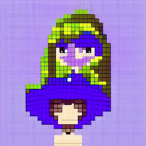 Image similar to pixel art of a female game character with purple long hair and a small pet