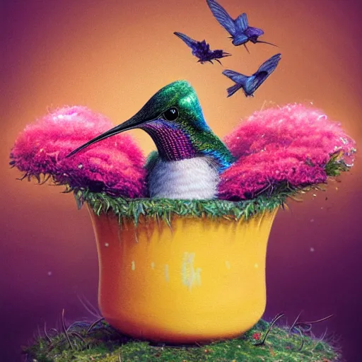 Image similar to long shot of a very fluffy hummingbird chick nesting in a floral cup, esao andrews, by m. w. kaluta, humorous illustration, hyperrealistic, tilt shift, warm colors, night scenery, low light, 3 d octane render, 4 k, volumetric lights, smooth, cosy atmosphere, conceptart, hyperdetailed, trending on deviantart