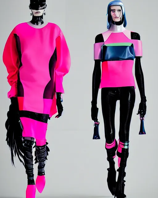 Image similar to an award winning fashion photograph for Balenciaga's cyberpunk Bladerunner 2049 fall line, dazzle camouflage!, dayglo pink, dayglo blue, raven black